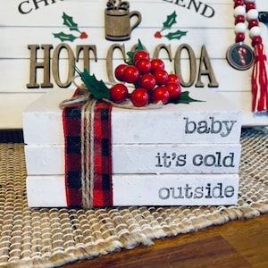 Christmas Hand Stamped Book Stack Farmhouse Home Decor Buffalo Plaid Red Black Holly Berry Holiday Decorations