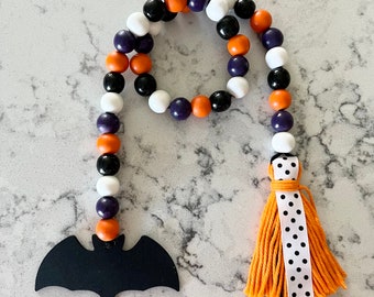 Halloween Bat Wood Bead Garland Farmhouse Beads Tassel Garland Garland Orange White Black Purple Beads Tiered Tray Decor Bats 28”