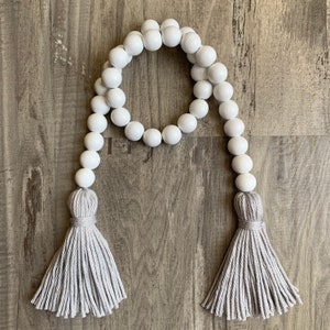 White Wood Bead Garland 28” Strand Gray Tassels White Wood Beads Neutral Tiered Tray Decor Transitional Farmhouse Modern