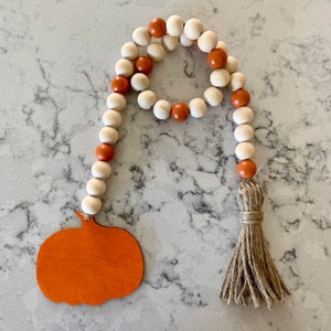 Fall Pumpkin Wood Bead Garland Farmhouse Beads Tassel Natural Terracotta Rust Orange Beads Twine Tiered Tray Decor Farmhouse Boho 28”