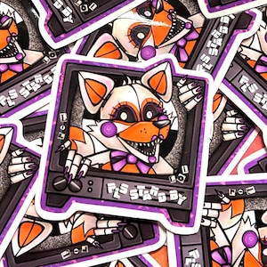 May include: A sticker featuring a cartoon fox with orange and white fur, wearing a purple bow and looking out of a television screen. The sticker has a purple border and the text "Pls Stand By" in white letters.