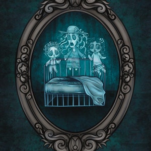 May include: A vintage-style oval mirror with a silver frame and ornate details. The mirror reflects a scene of three ghostly figures standing in a crib. The figures are translucent and have button eyes. The crib is made of metal and has a white sheet.