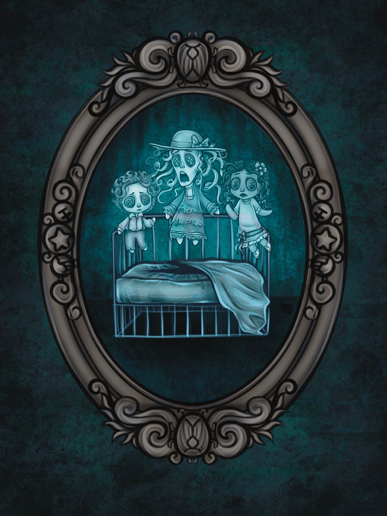 May include: A vintage-style oval mirror with a silver frame and ornate details. The mirror reflects a scene of three ghostly figures standing in a crib. The figures are translucent and have button eyes. The crib is made of metal and has a white sheet.