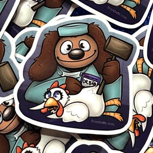 May include: A brown dog wearing a blue surgical cap and scrubs holds a wooden mallet and a white chicken with a red comb and wattle. The dog has a name tag that reads "DR. Biff". The background is a dark blue with white stars.
