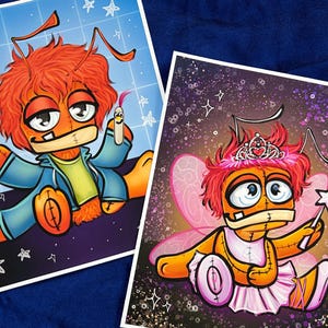 May include: Two cartoon illustrations of a red-haired, stitched-together doll. The first doll is wearing a blue jacket and holding a cigarette. The second doll is wearing a pink tutu and holding a wand with a star on top. Both dolls have a starry background.