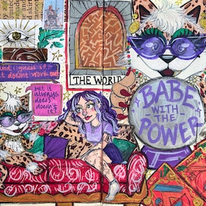 May include: A colorful illustration featuring a cheetah-like figure wearing sunglasses, a crystal ball with the text "Babe with the Power," and a woman with purple hair. The artwork includes tarot cards and text bubbles.