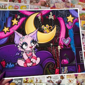May include: A pink and purple cartoon bat with wings sits on a purple couch in a room with a crescent moon, stars, and a pink cowboy hat. The bat has a pink bow in its hair and a pink and white striped shirt.