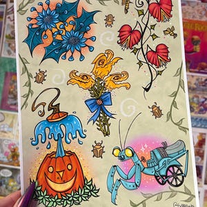 May include: A digital illustration of a whimsical garden scene with a blue pumpkin, a blue praying mantis with a tiny car, a yellow flower with multiple eyes, a blue flower with green leaves, and a red flower with green vines. The background is a light beige with a subtle sparkle effect.