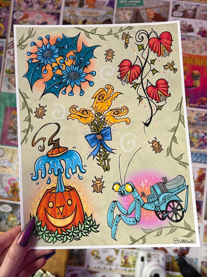 May include: A digital illustration of a whimsical garden scene with a blue pumpkin, a blue praying mantis with a tiny car, a yellow flower with multiple eyes, a blue flower with green leaves, and a red flower with green vines. The background is a light beige with a subtle sparkle effect.