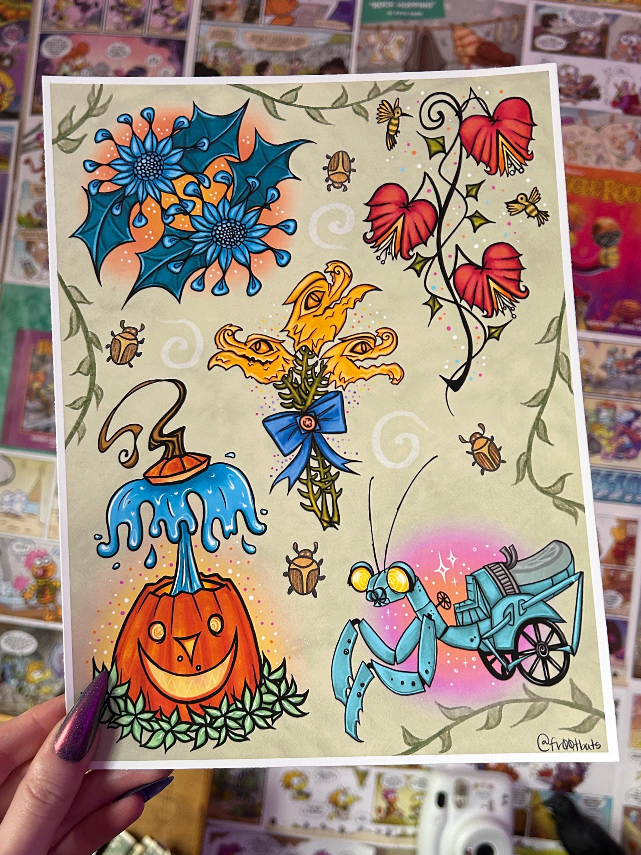 coraline's garden tattoo flash style print.