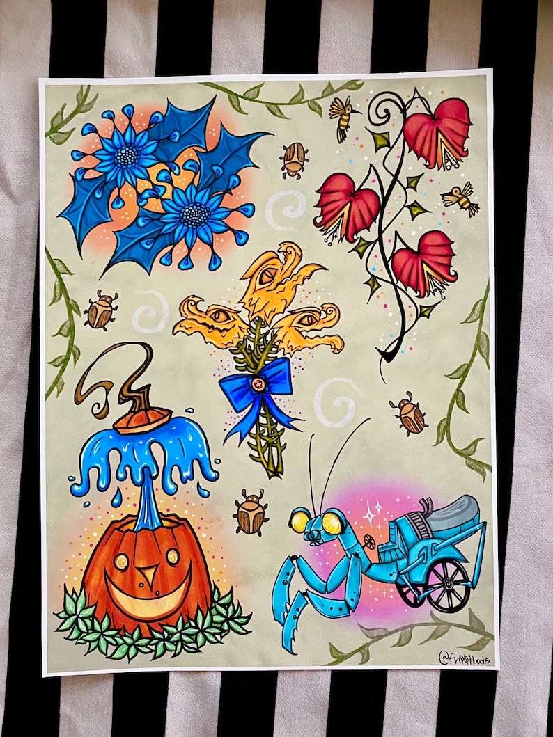May include: A digital illustration of a collection of whimsical, colorful, and detailed tattoo designs. The designs include a blue flower, a pumpkin with a smiling face, a praying mantis, a flower with a blue bow, and a red flower with vines.