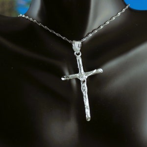 Silver Crucifix pendant, 1 5/8&quot; + 1/4&quot; bail Diamond cut .925 Sterling Jesus on wooden cross charm, Catholics  Fast Free Shipping