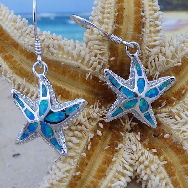 Silber Seestern Ohrringe, 1 1/4 "w / Draht .925 Sterling Rhodium-Finish blau Opal Draht baumelt • Sea Star Schmuck • Schneller Versand schnell