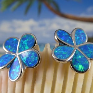 Silver blue Opal Plumeria Studs 3/4&quot; .925 Sterling Rhodium plated Hawaiian flower earrings fast free shipping