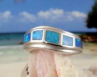 Sterling Silver Rhodium Finish Wave Ring: Blue Opal, 3/16" tall. 1/8" wide shank