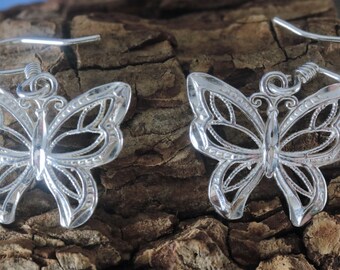 Sterling Silver Filigree Butterfly Dangle Earrings, Diamond Cut Finish