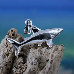 Silver Shark Pendant. 5/8&quot; tall + 1/4&quot; bail x 1 1/8&quot; long .925 Sterling Diamond cut 3-D shark charm gift for men, her Fast Free Shipping