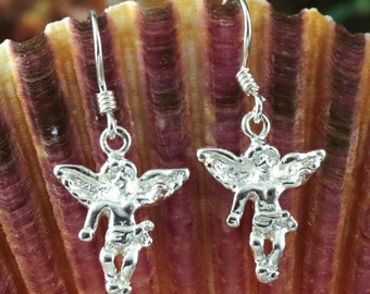 Boucles d'oreilles pendantes ange chérubin en argent sterling : 3/4" de long + 5/8" de fil