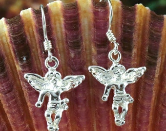 Silver cherub earrings 1 3/16" tall w/wire. Polished .925 Sterling cherub angel wire earrings. Fast free shipping. religious dangl earrings