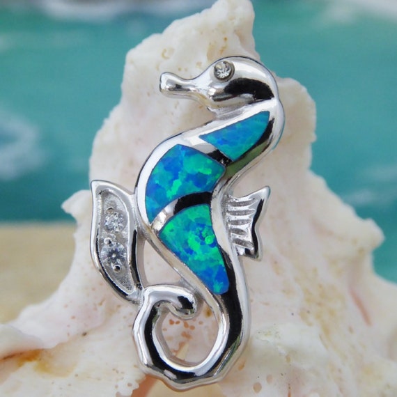 Sterling Silver Blue Opal Seahorse Slide Pendant Sterling Silver Blue Opal Seahorse Slide Pendant