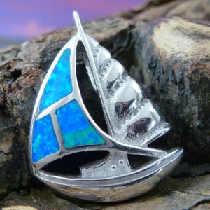 Sterling Silver Rhodium finish blue Opal Sailboat slide pendant • 1 1/8" tall
