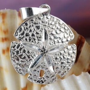 Silver Sand Dollar Pendant 1&quot; + 1/4&quot; tall with bail .925 Sterling Diamond cut charm Sea life sea biscuit jewelry gift Fast Free Shipping