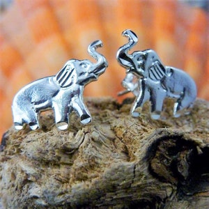Silver Elephant earrings 11/16&quot; tall .925 Sterling African Bull Elephant post studs raised trunk satin finish Diamond cut fast free shipping