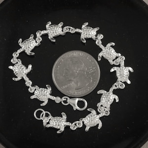Silver sea turtle Bracelet, 7 1/2&quot;+ 1/4&quot; .925 Sterling Diamond cut link bracelet with lobster claw lock souvenir gift fast free shipping
