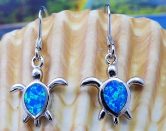 Silver Opal sea Turtle dangle Earrings 1 1/4" w/wire Rhodium plated .925 Sterling blue Opal sea life Jewelry gift for her Fast free shipping