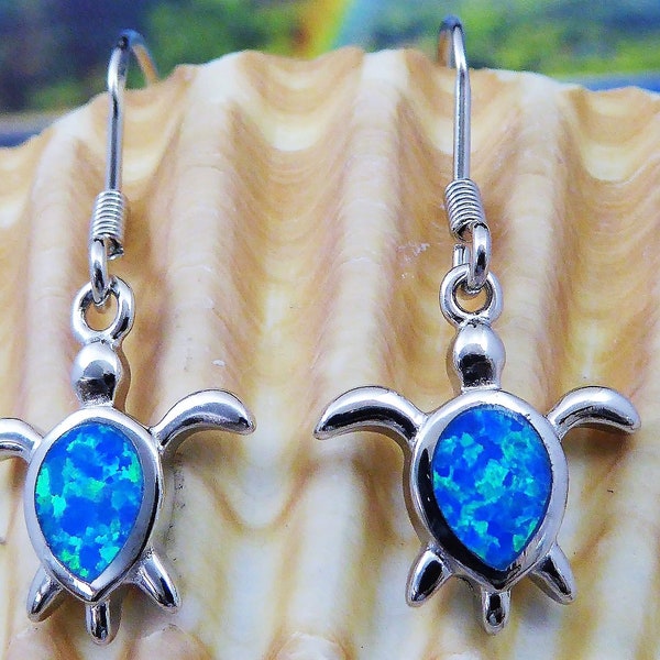 Silver Opal sea Turtle dangle Earrings 1 1/4" w/wire Rhodium plated .925 Sterling blue Opal sea life Jewelry gift for her Fast free shipping