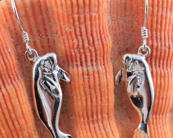 Silver Manatee dangle earrings. 1 1/2" long w/wire .925 Sterling Diamond cut sea mammal, Sea cow Jewelry, Fast Free Shipping