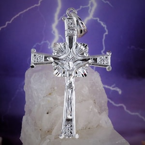 Silver Crucifix pendant, 2 1/16&quot; tall + large 9mm bail .925 Sterling Diamond cut Jesus charm, Religious Jewelry gift, Fast Free Shipping