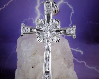 Silver Crucifix pendant, 2 3/8" long w/large 9mm bail .925 Sterling Diamond cut Jesus charm, Religious Jewelry gift, Fast Free Shipping