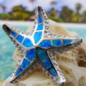 Silver starfish Pendant, 1 1/8&quot; tall .925 blue Opal Sterling Rhodium finish sea star slide jewelry gift for her, Fast Free Shipping