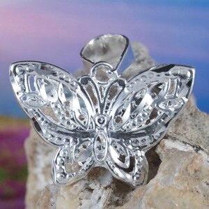 Sterling Silver Butterfly Pendant: 5/8&quot; tall + 1/4&quot; bail. Diamond Cut Filigree Charm