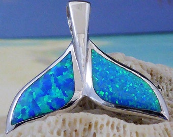 Sterling Silver Whale's tail Fluke pendant, brilliant inlay Opal  Rhodium finish, Sea life Jewelry, Fast Free Shipping, 2 sizes available