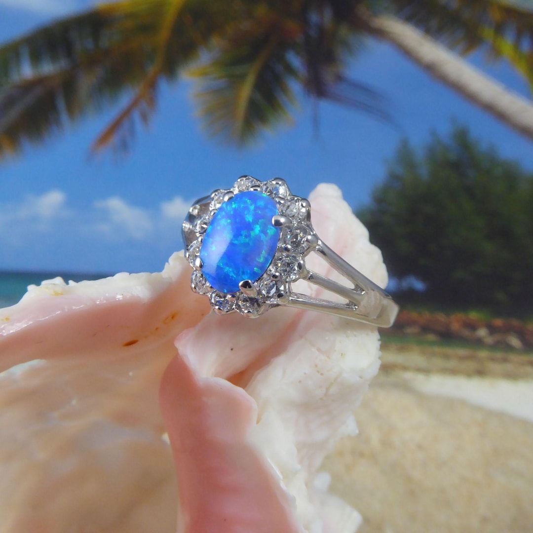 スターリングシルバー ブルーオパール CZ リング：ロジウム仕上げ 高さ