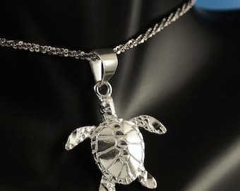 Silver Sea Turtle Pendant, 7/8&quot; long + 1/4&quot; bail .925 Sterling Diamond Cut sea turtle charm, turtle gift for her. fast free shipping