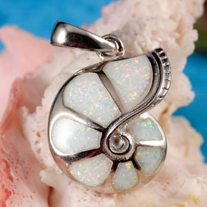 Silver Nautilus pendant, 7/8&quot; tall + 1/4&quot; bail .925 Sterling Rhodium plate white Opal sea life jewelry gift. fast free shipping!