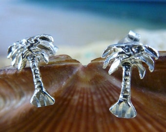 Silver palm tree studs, 5/16" tall  .925 Sterling Diamond cut tropical small palm tree post earrings gift for her, Fast free shipping