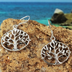 Silver Tree of life earrings, 1 7/16 tall .925 Sterling diamond cut framed family tree dangle earrings gift for her. Fast free shipping image 4