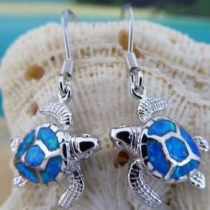 Silver Sea Turtle Earrings, 3/4" tall + 5/8" wire Rhodium plated .925 Sterling Opal dangle earring, . Fast Free Shipping