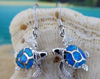 Silver Sea Turtle Earrings, 1 3/8" tall w/wire Rhodium plated finish .925 Sterling Opal dangle earring, sea life jewelry. Fast Free Shipping