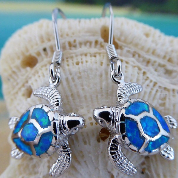 Silver Sea Turtle Earrings, 1 3/8" tall w/wire Rhodium plated finish .925 Sterling Opal dangle earring, sea life jewelry. Fast Free Shipping