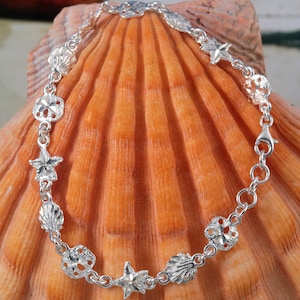 Silver sea life Bracelet combo Diamond cut 7 1/4&quot; - 8 3/4&quot;, .925 Sterling Starfish, shell, sand dollar jewelry gift, Fast free shipping