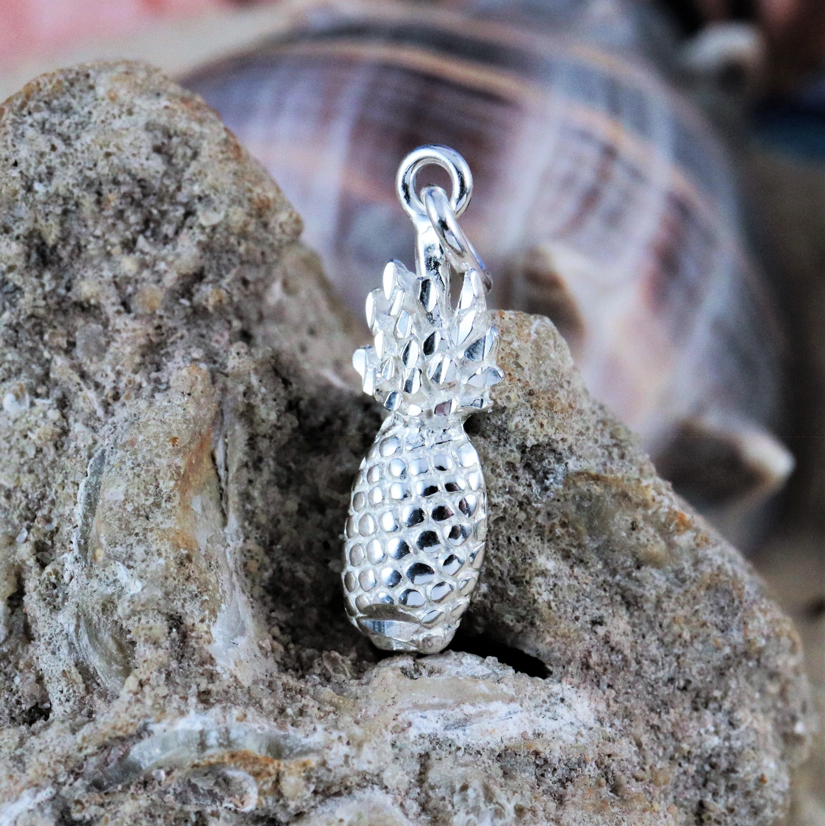 Sterling Silver Pineapple Charm, .925 Diamond Cut Pendant, Tarnish