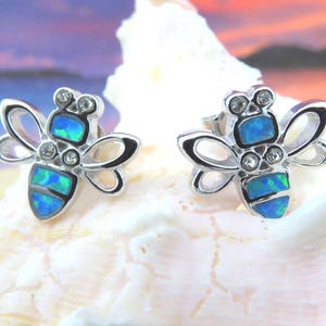 Sterling Silver, Rhodium plated, Blue Opal, Bumble Bee Studs, 7/8" tall
