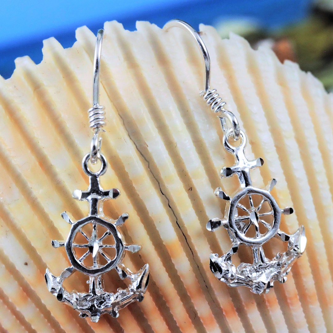 Silver Anchor Dangle Earrings 1 1/4 W /wire .925 Sterling Diamond Cut