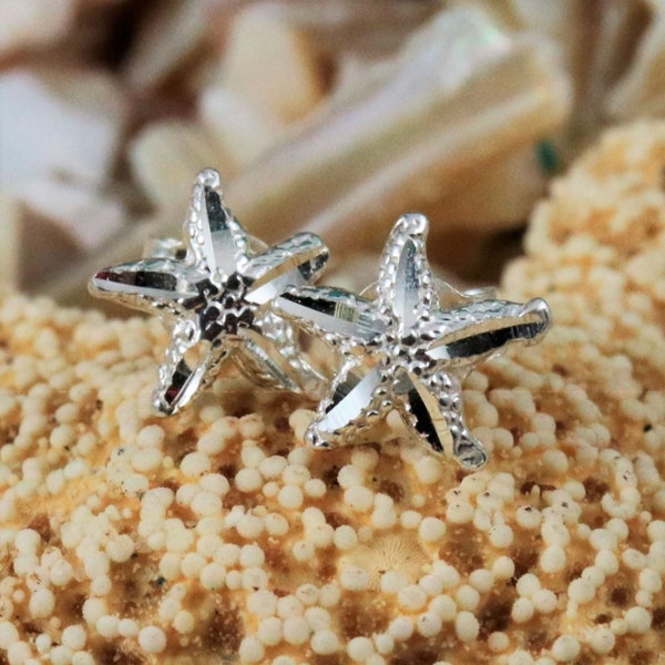 Sterling Silver Starfish Studs. 5/16" x 5/16" .925 starfish Post Earrings, diamond cut, jewelry gift for her, fast Free Shipping Sea star