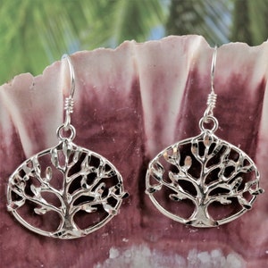 Silver Tree of life earrings, 1 7/16 tall .925 Sterling diamond cut framed family tree dangle earrings gift for her. Fast free shipping image 1